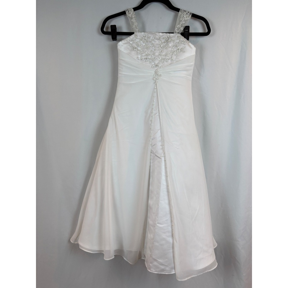Davids Bridal Girls White Chiffon Beaded Flower Girl Dress FG9010 Size 8